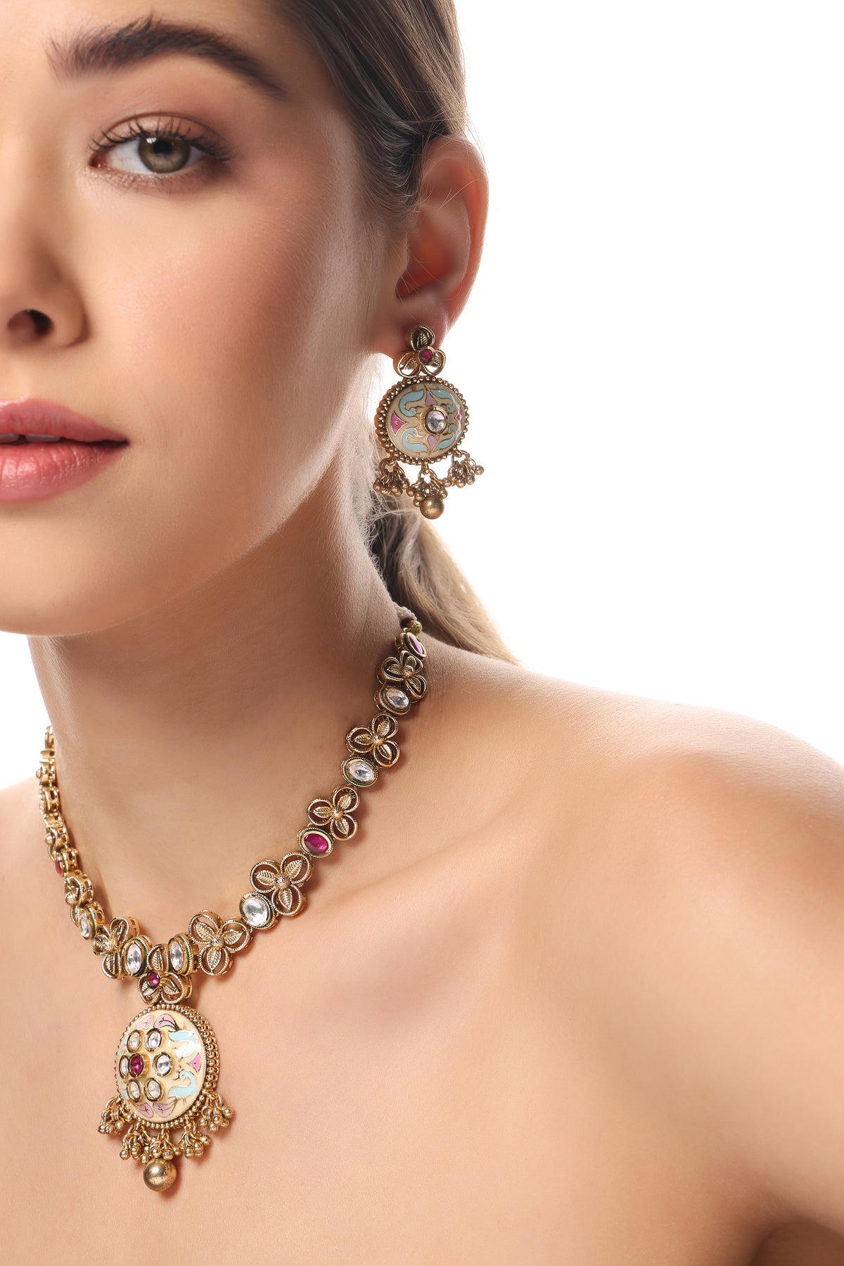 ANTIQUE GOLD FLORAL KUNDAN NECKLACE SET