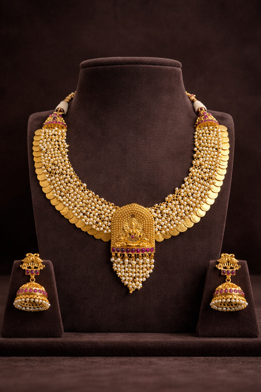 MAHARANI LAKSHMI COIN PEARL TEMPLE CHOKER SET