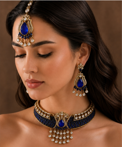 Antique Emerald Choker Necklace Set with Maang Tikka