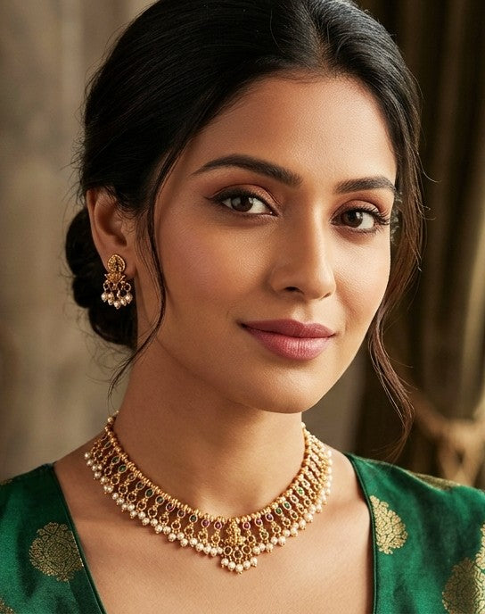 LAKSHMI RUBY-GREEN PEARL TEMPLE SET