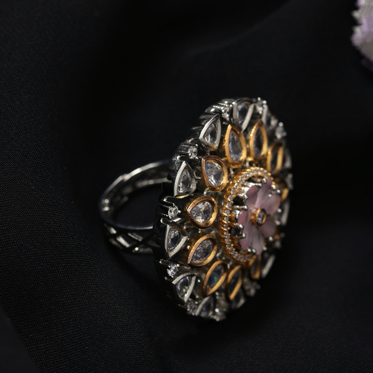 LAYERED FLORAL CZ RING