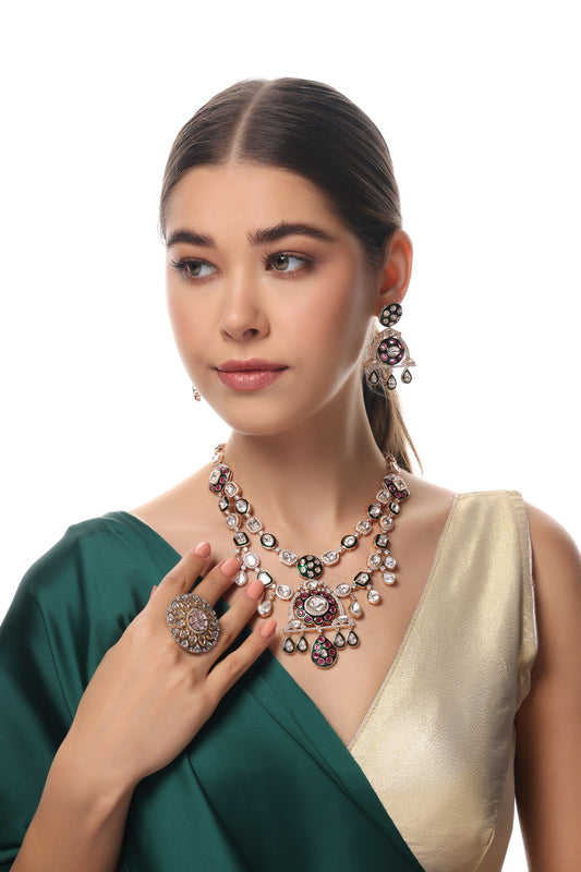 KUNDAN POLKI MEENAKARI MULTILAYERED NECKLACE