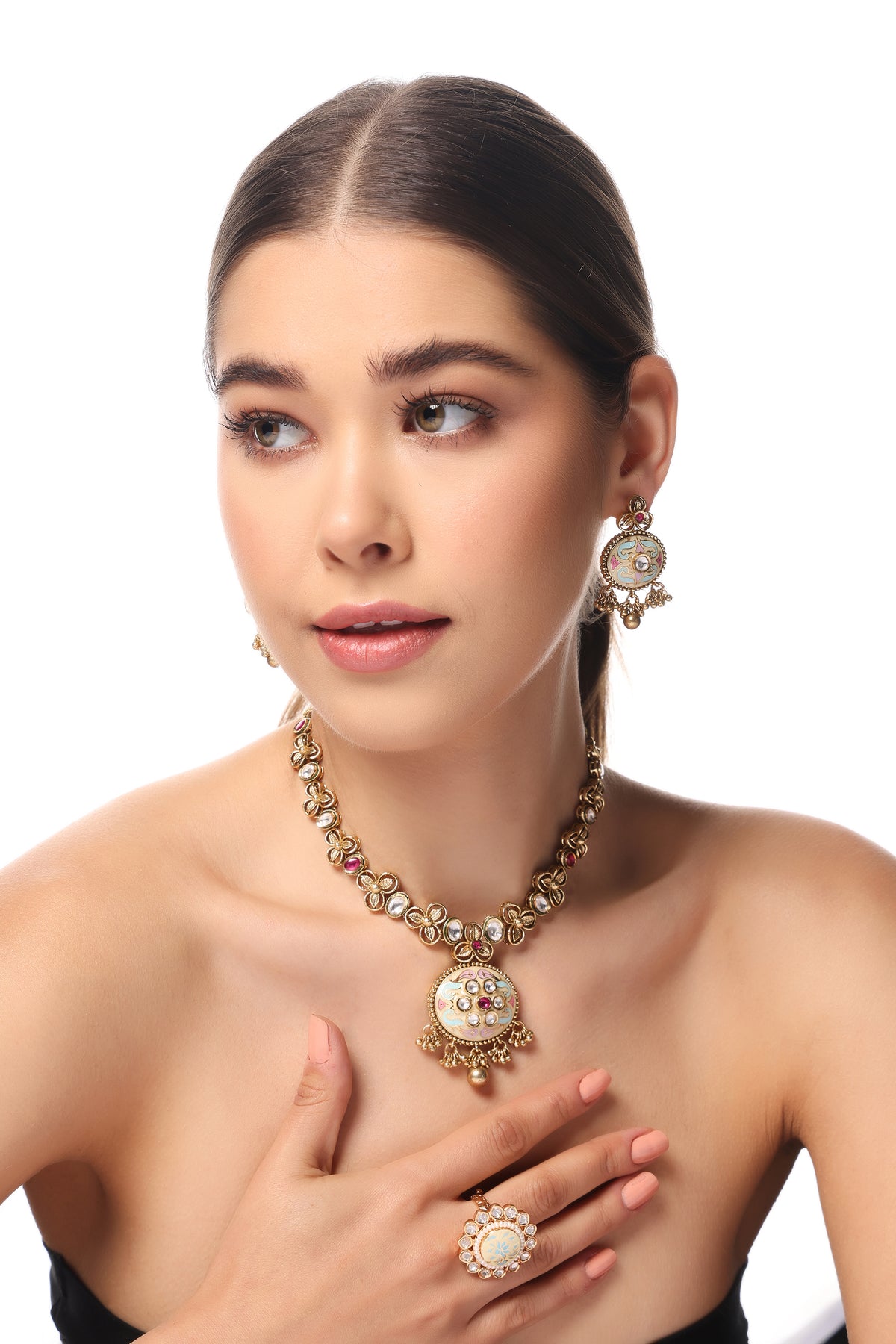 ANTIQUE GOLD FLORAL KUNDAN NECKLACE SET