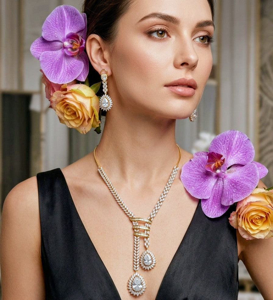 REGAL DOUBLE DROP CZ ELEGANCE NECKLACE SET