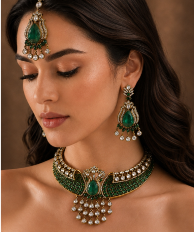 Antique Emerald Choker Necklace Set with Maang Tikka