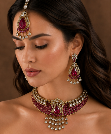 Antique Emerald Choker Necklace Set with Maang Tikka
