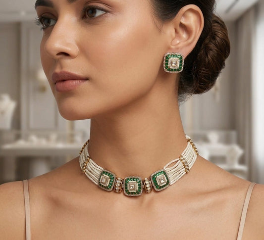 REGALIA BLOOM-CZ EMERALD PEARL NECKLACE